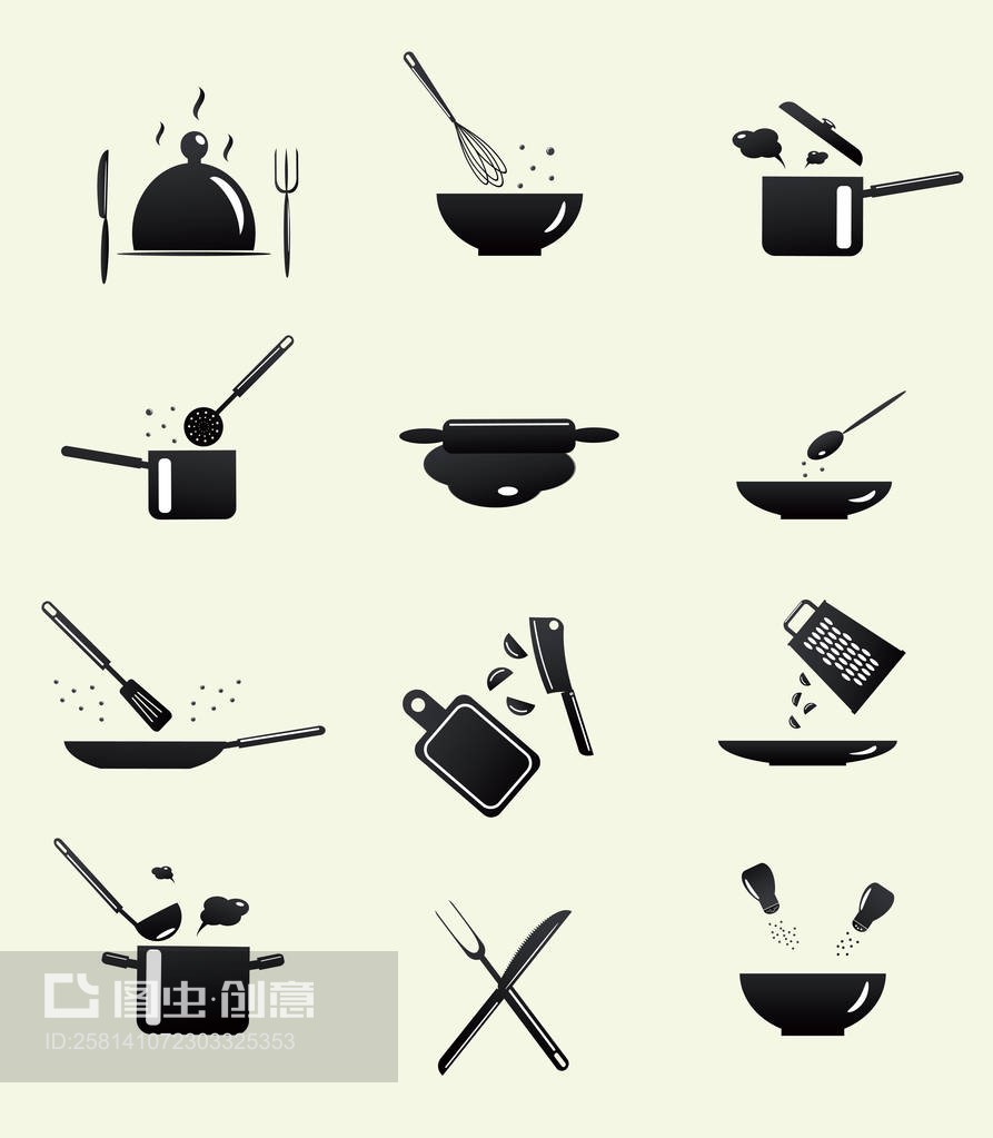 烹饪用具图标。Cooking utensil icons.